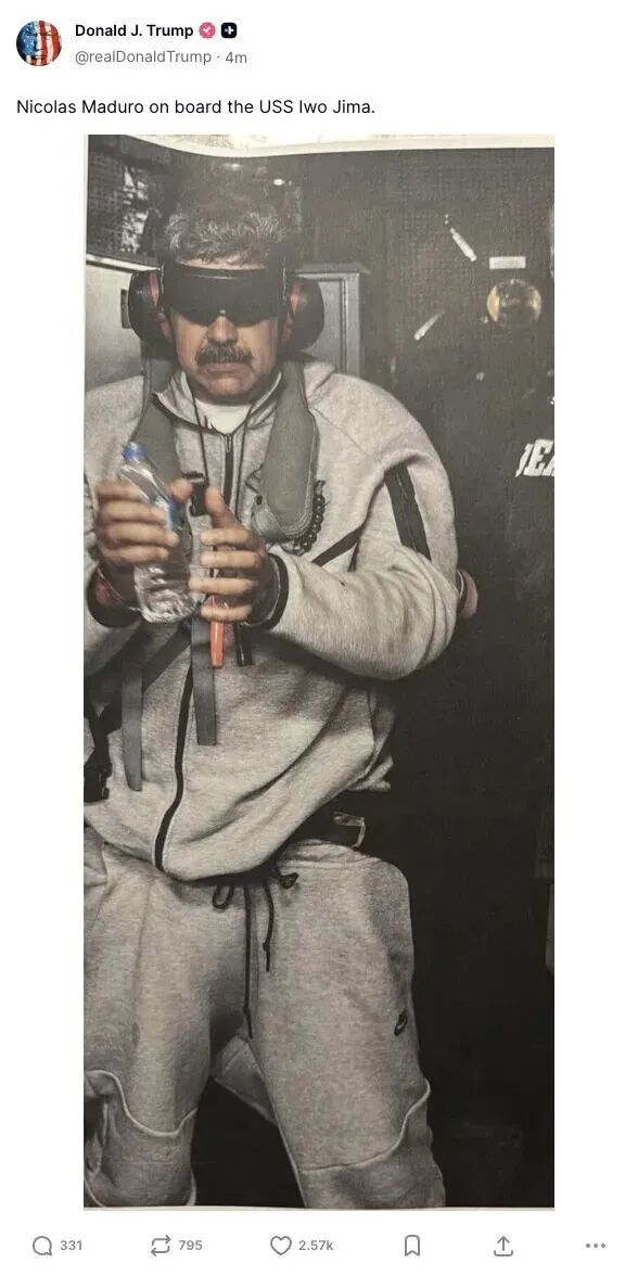 Trump posted a photo of the kidnapped Maduro on his social media.